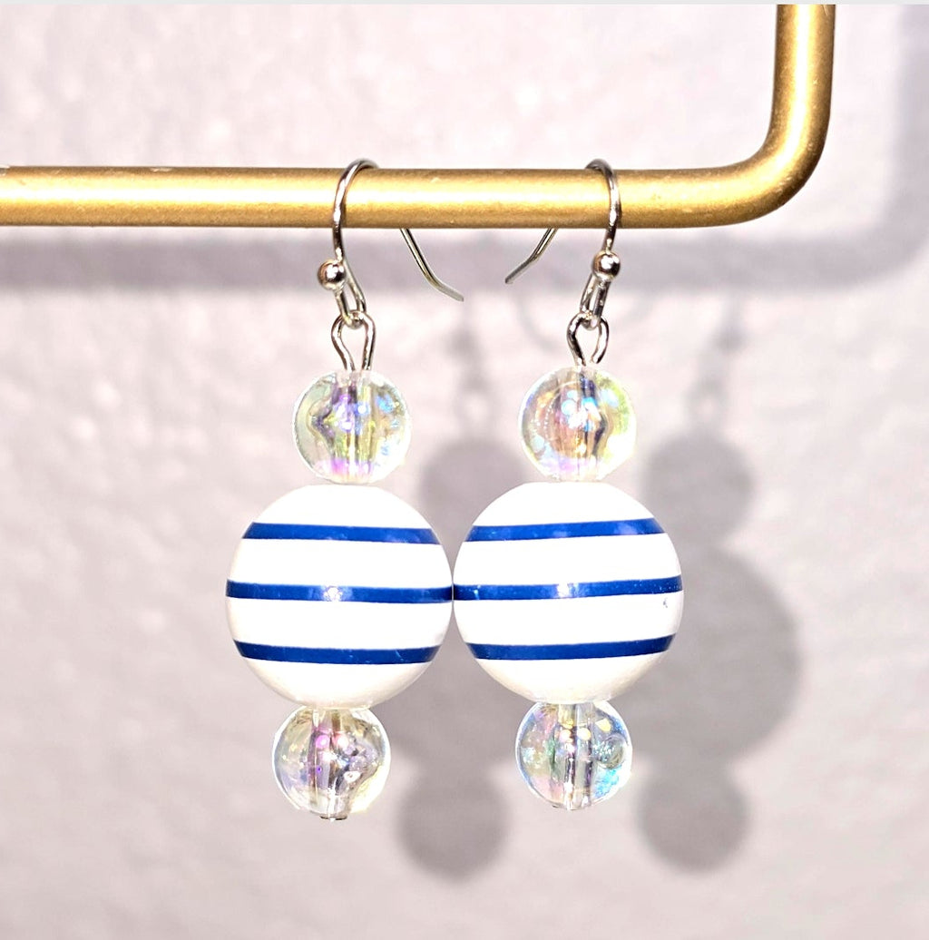 Handpainted Blue and White Stripe Wood Drop Dangling Bohemian Artistic Coastal Nautical Earrings