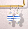 Handpainted Blue and White Stripe Wood Drop Dangling Bohemian Artistic Coastal Nautical Earrings
