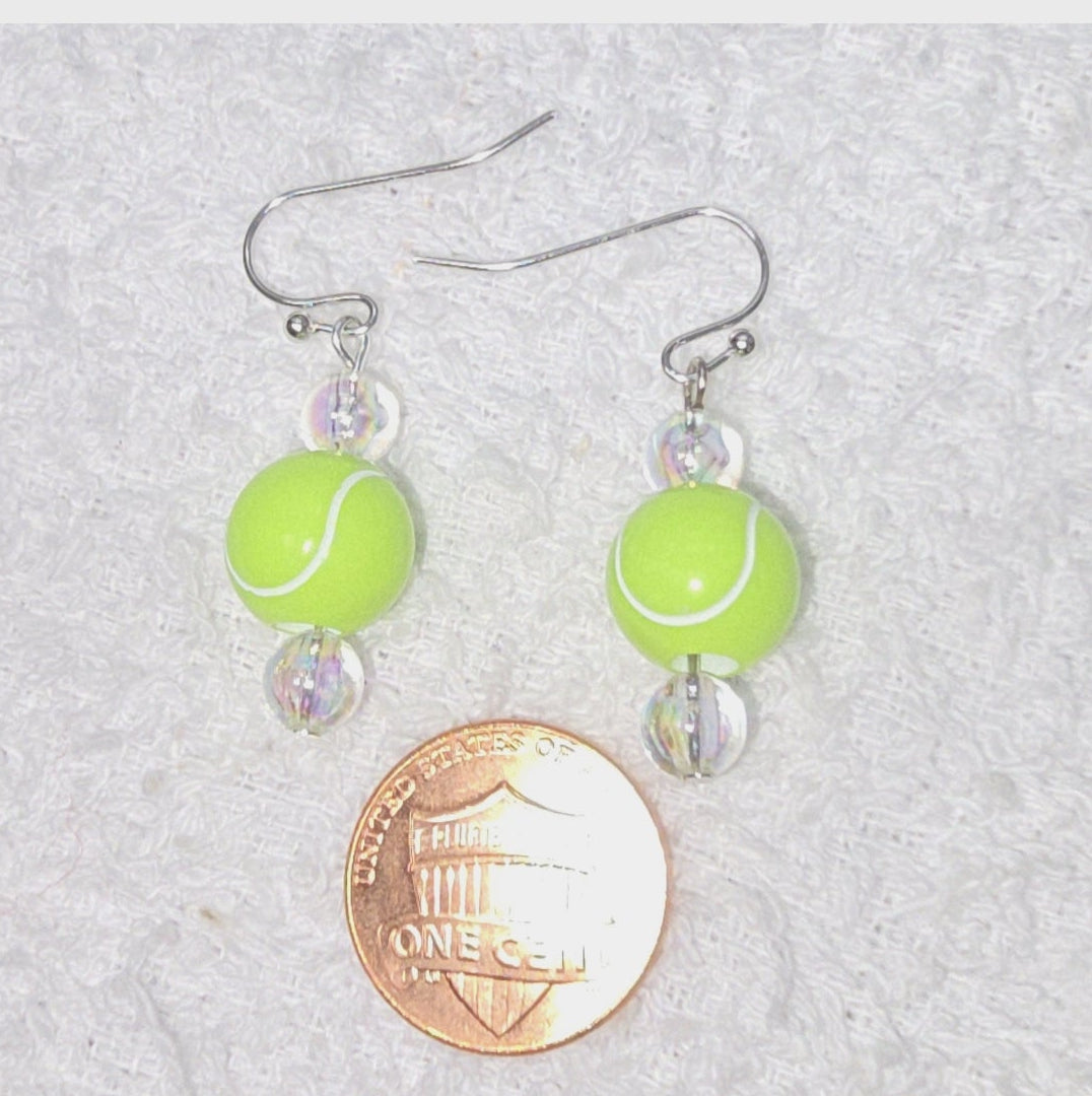 Neon Green Tennis Ball Acrylic Beaded Sporty Fasion Dangling Drop Earrings.