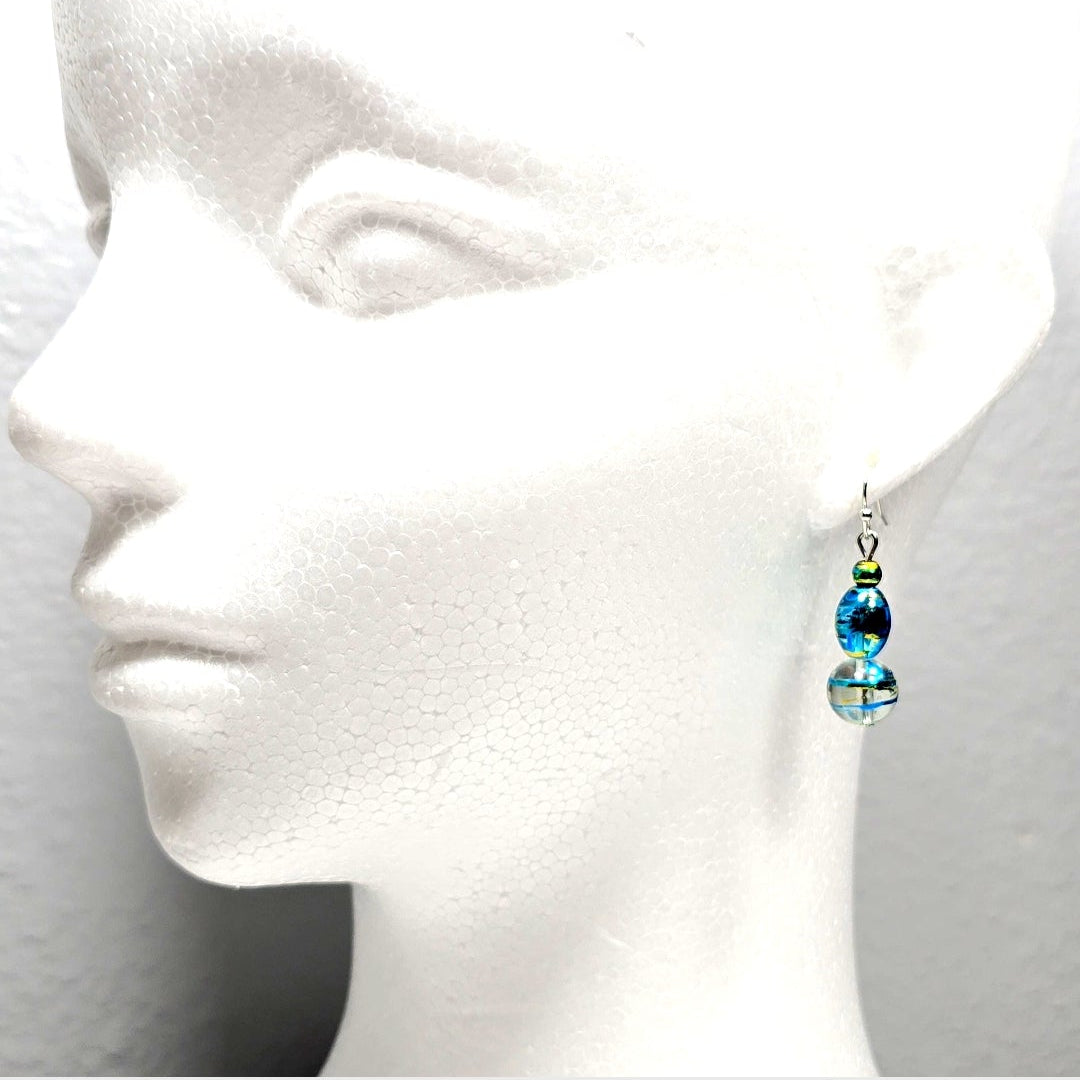 Handmade Handpainted Iridescent Torquiose Blue  Murano Glass Drop Earrings