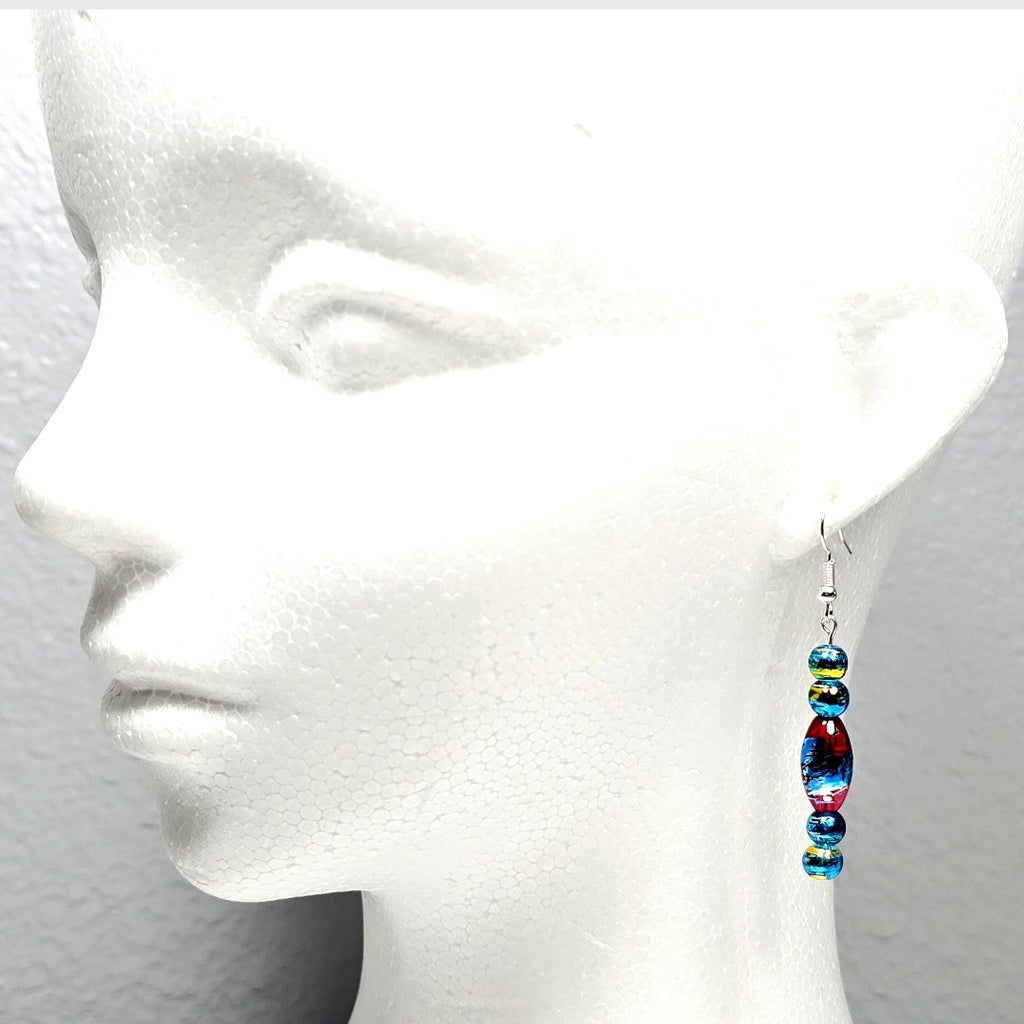 Multi-colored Blue Red Handpainted Murano Glass Drop Earrings with Silver Ear Wire