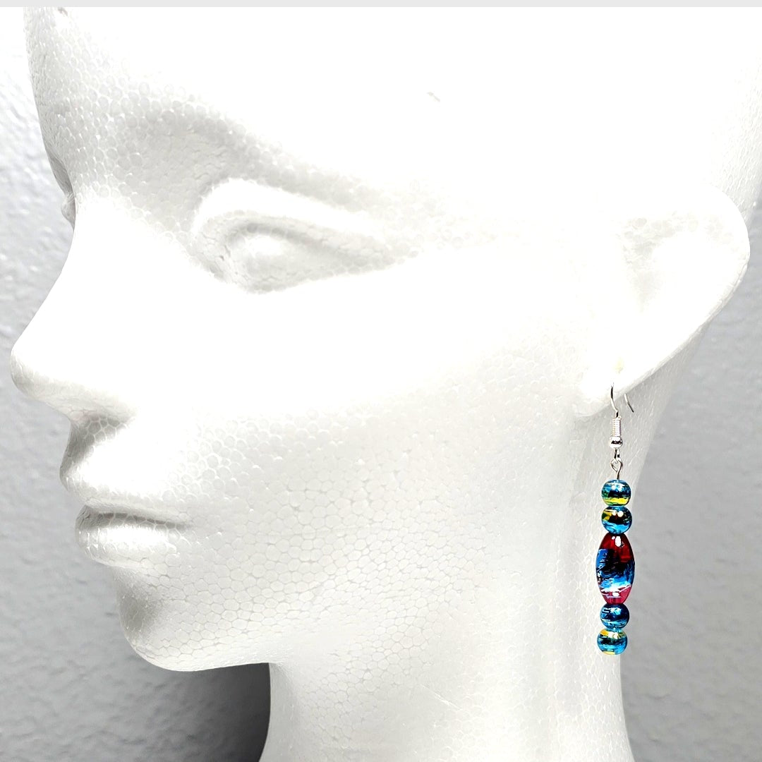Multi-colored Blue Red Handpainted Murano Glass Drop Earrings with Silver Ear Wire