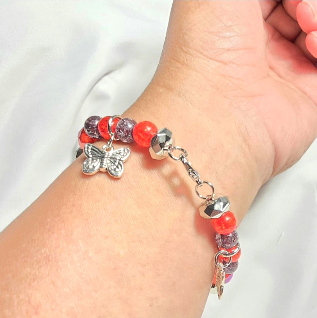Gothic Butterfly Charmed bracelet: Handmade Red and Black Beaded Bracelet