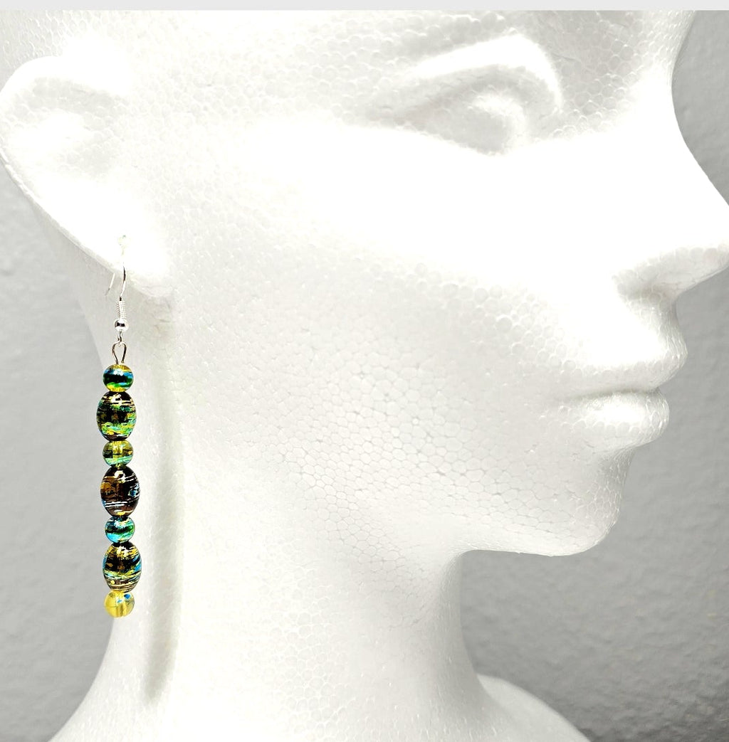 Handmade Handpainted Green Yellow Murano Glass Drop Earrings