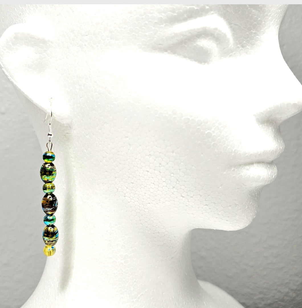 Handmade Handpainted Green Yellow Murano Glass Drop Earrings