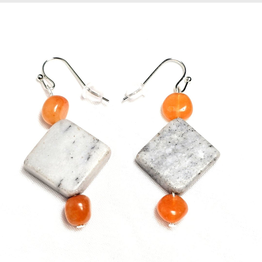 Handmade Gray Marble Pendant with Orange Carnelian stones on silver-tone chain. Y2K Bohenian Necklace Set. Neutral elegant versatile