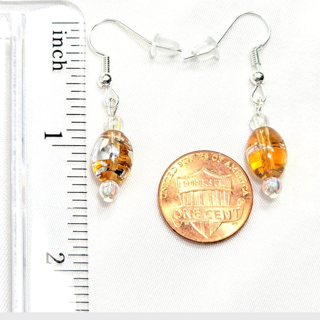 Handmade Handpainted Iridescent Amber Orange Murano Glass Drop Earrings