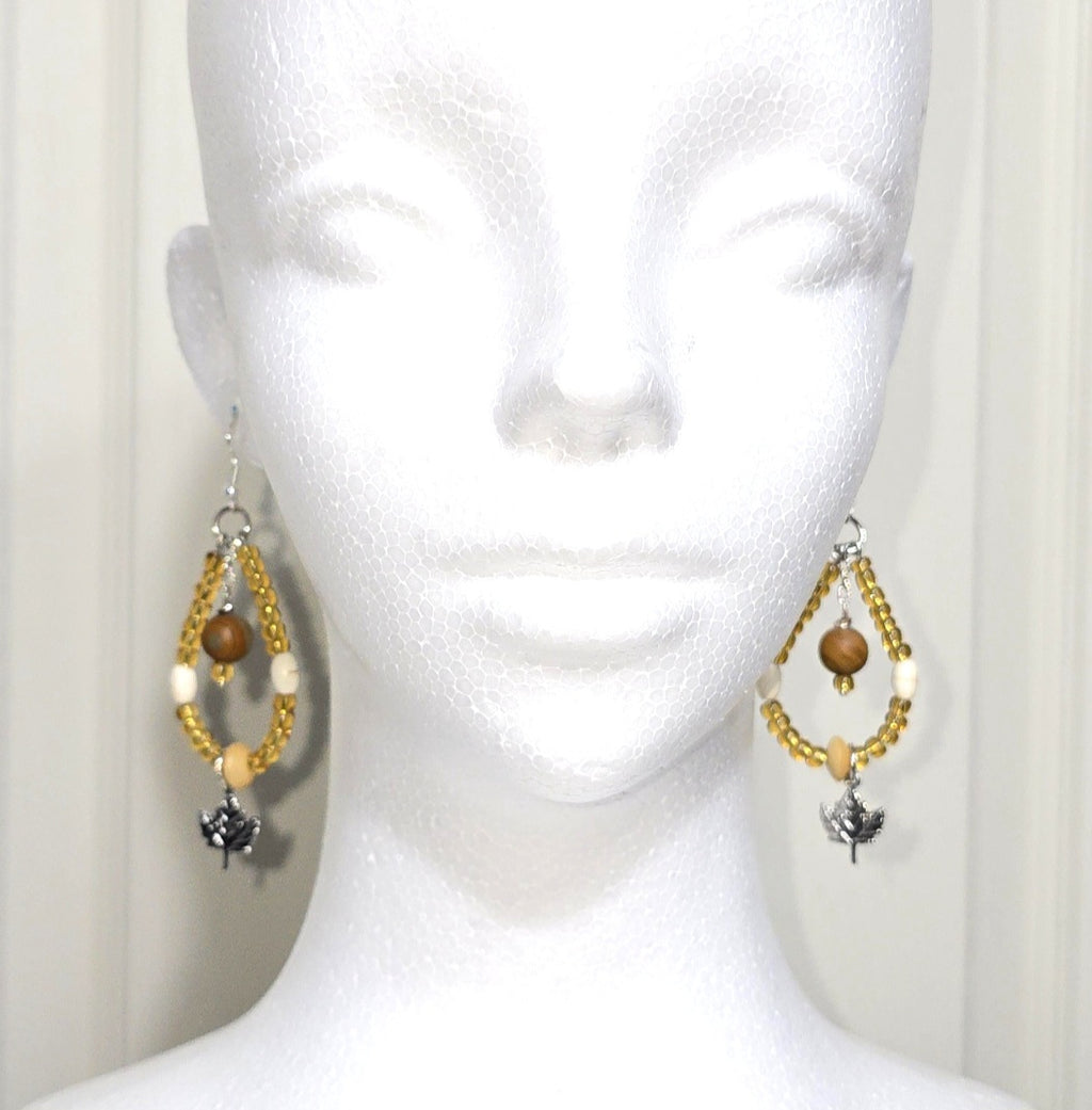 Handmade fall Nature Inspired Boho  Glass Amber Yellow  Beaded Teardrop Loop Dangle Earrings: Warm, Earthy Tone Color