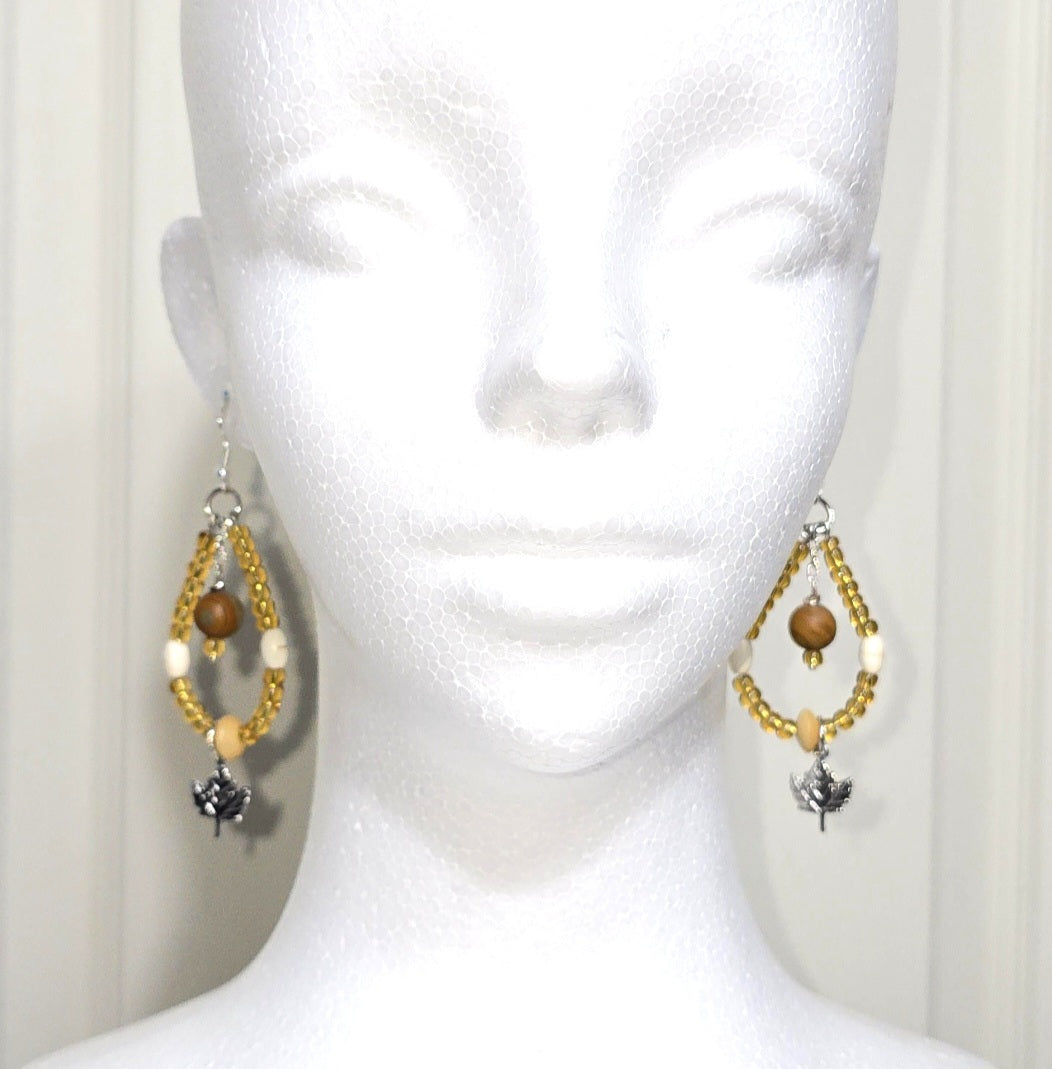 Handmade fall Nature Inspired Boho  Glass Amber Yellow  Beaded Teardrop Loop Dangle Earrings: Warm, Earthy Tone Color