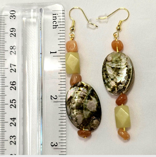 Beaded Abalone Natural shell earrings: mismatched coastal beach Bohenian statement earrings with  orange  and light green adventurine beads