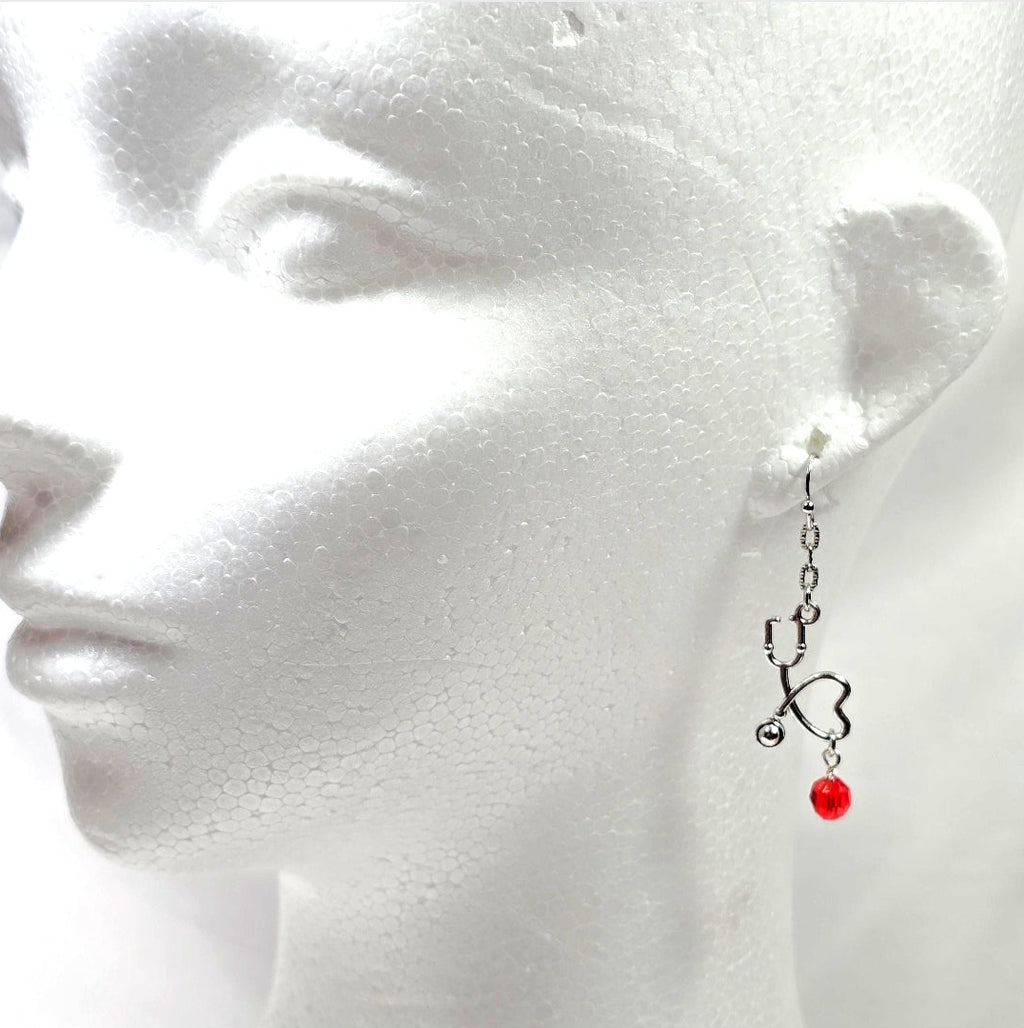 Silver Tone Stethoscope Dangling Earrings with Red Glass Bead: Nurse's Gift, Medical Professionals