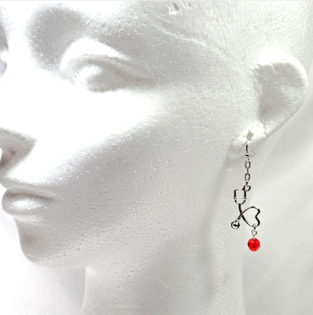 Silver Tone Stethoscope Dangling Earrings with Red Glass Bead: Nurse's Gift, Medical Professionals