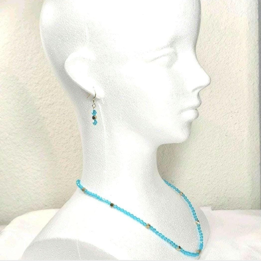 Aqua Blue Czech Crystal Glass Beads Dainty Simple Minimalist  Necklace Earrings Jewelry Set