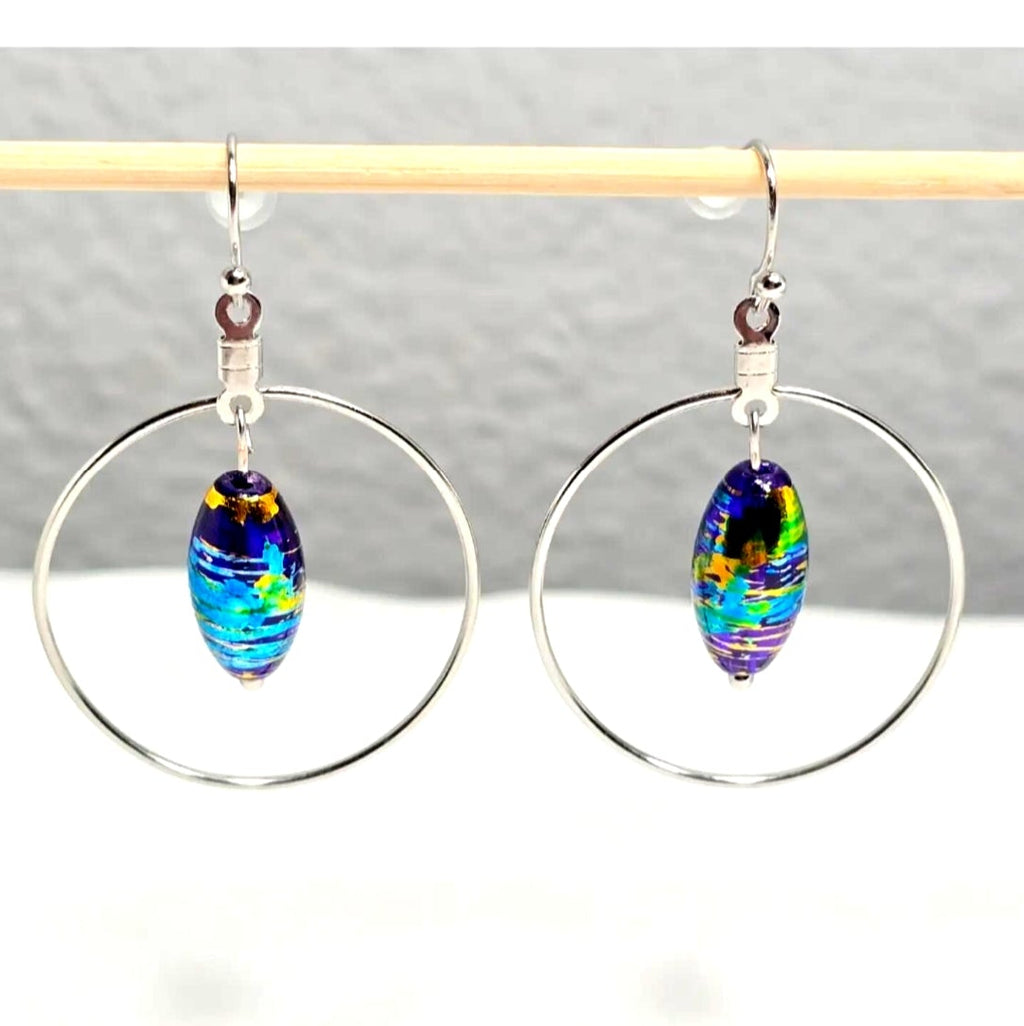 Handpainted Dichroic Blue Murano Glass Silver Hoop Drop Dangling Bohemian Artistic Earrings