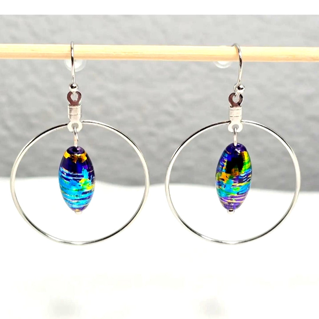 Handpainted Dichroic Blue Murano Glass Silver Hoop Drop Dangling Bohemian Artistic Earrings