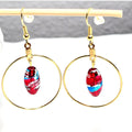 Handpainted Red Murano Glass Gold Round Drop Dangling Bohenian Artistic Earrings