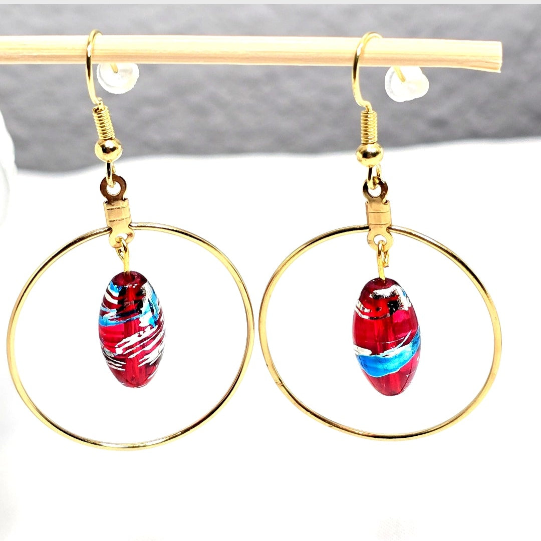 Handpainted Red Murano Glass Gold Round Drop Dangling Bohenian Artistic Earrings