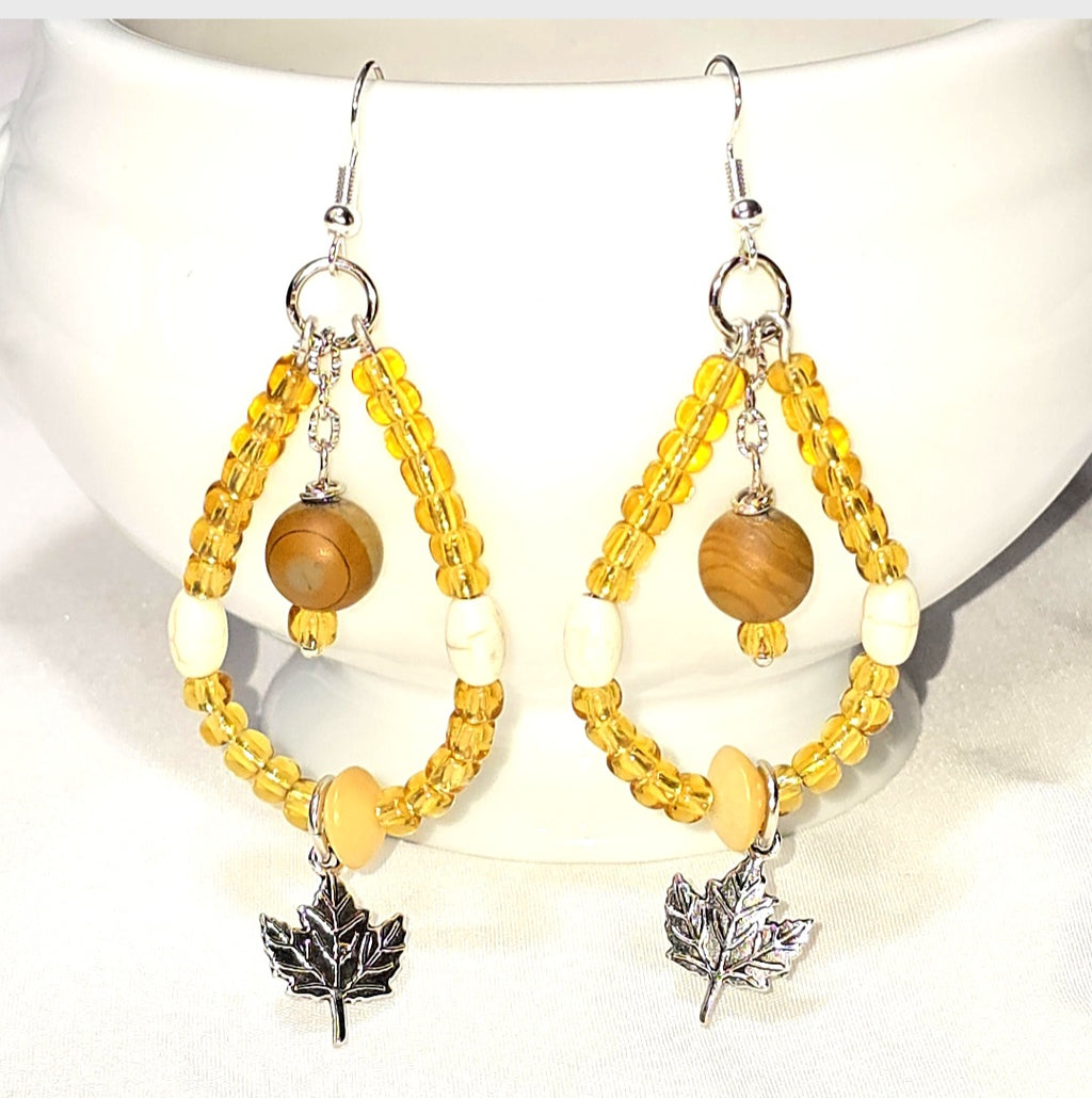 Handmade fall Nature Inspired Boho  Glass Amber Yellow  Beaded Teardrop Loop Dangle Earrings: Warm, Earthy Tone Color