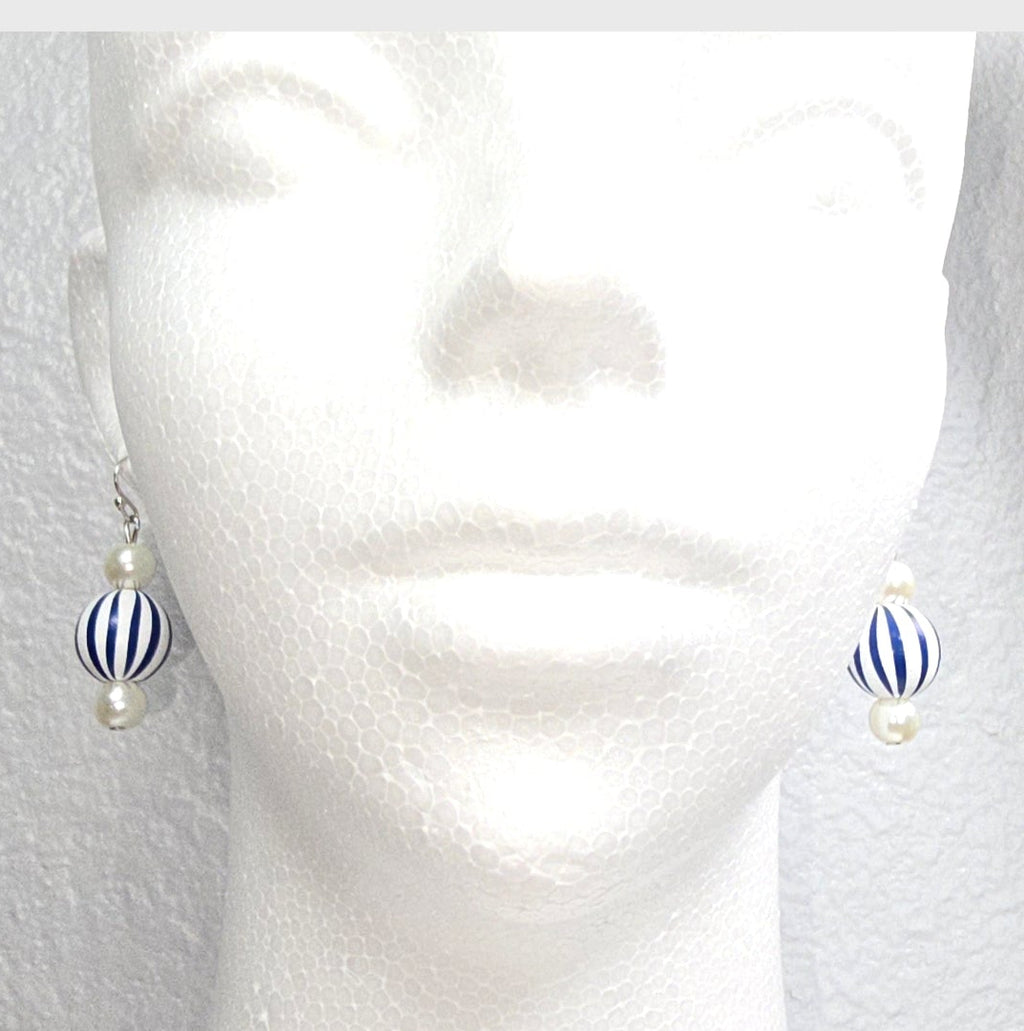 Handpainted Blue and White Stripe Wood Drop Dangling Bohemian Artistic Coastal Nautical Earrings