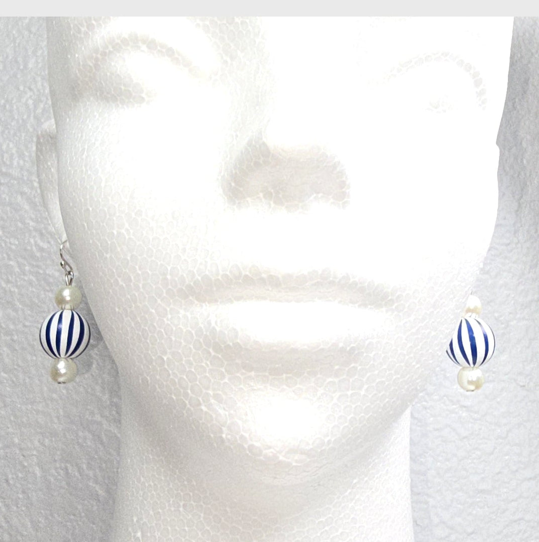 Handpainted Blue and White Stripe Wood Drop Dangling Bohemian Artistic Coastal Nautical Earrings