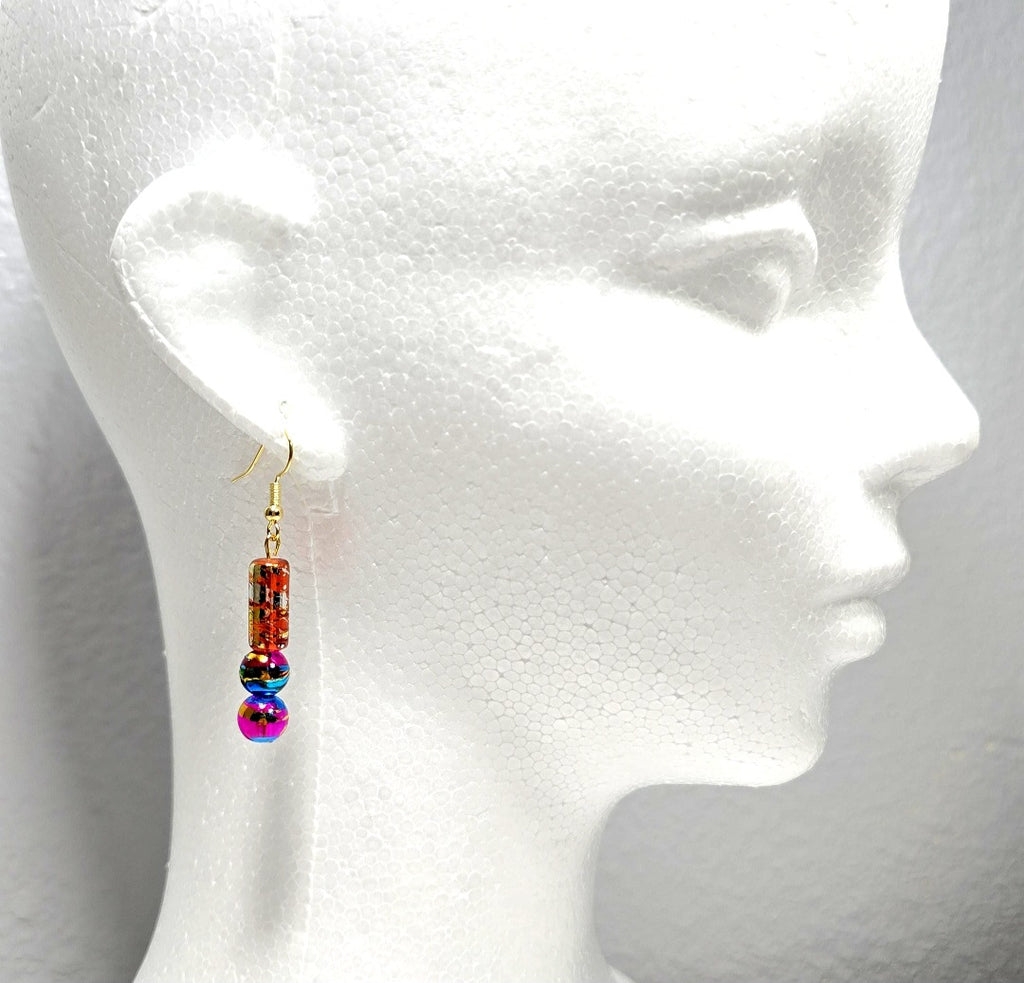 Handpainted Orange Murano Glass Drop Dangling Bohenian Artistic Earrings. One of a kind.