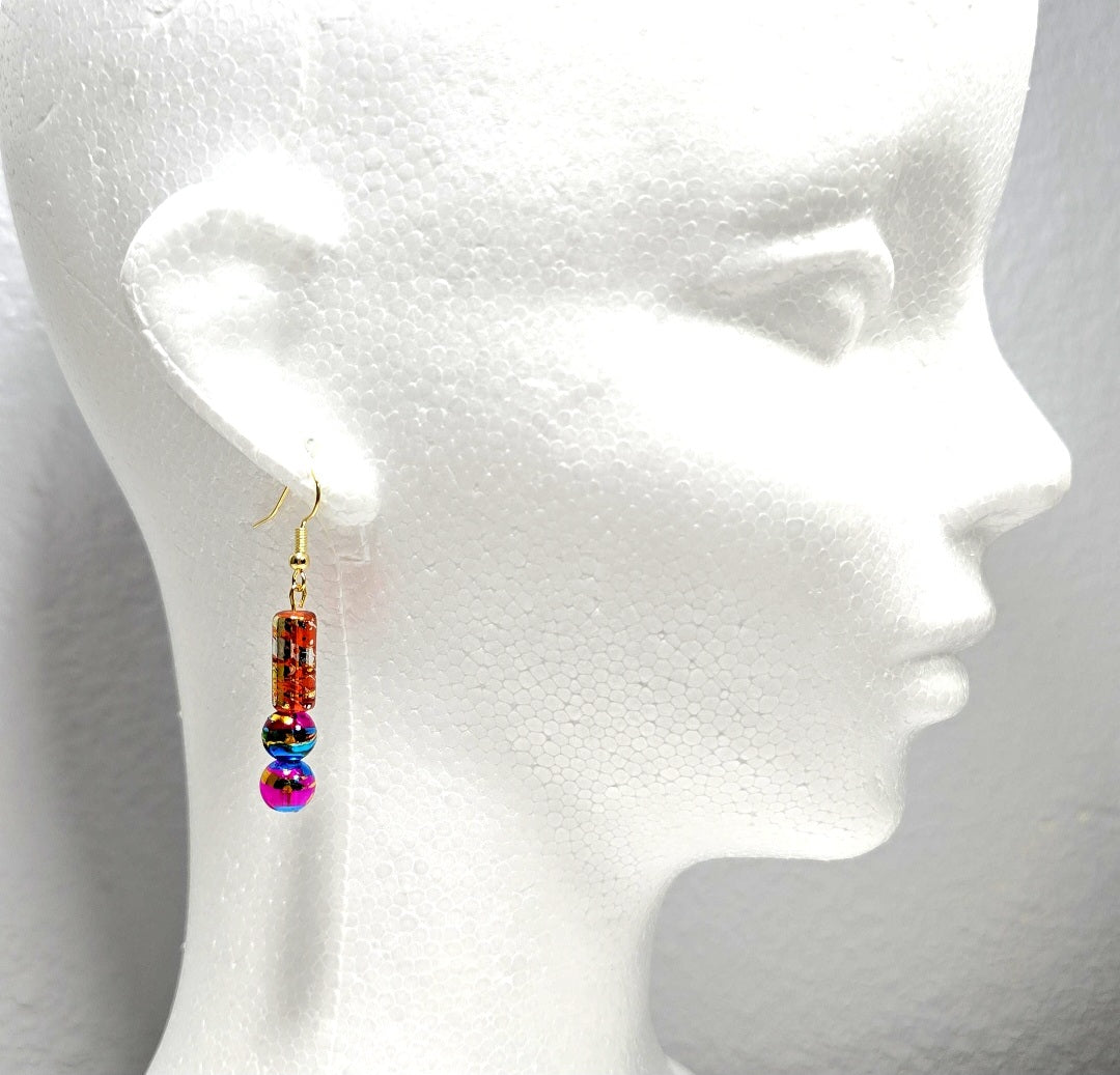 Handpainted Orange Murano Glass Drop Dangling Bohenian Artistic Earrings. One of a kind.