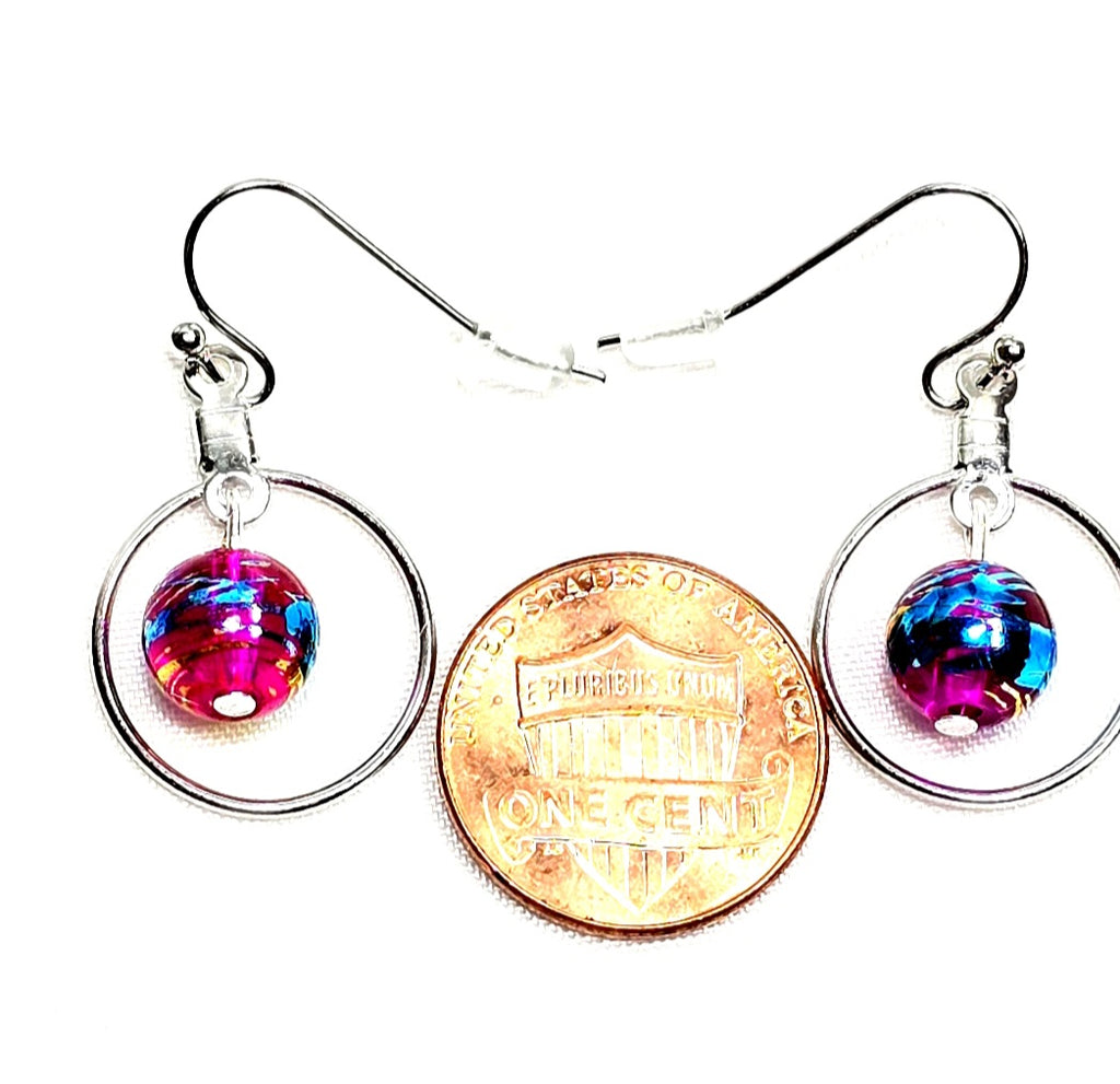 Handpainted Pink Murano Glass Silver Round Drop Dangling Bohemian Artistic Earrings