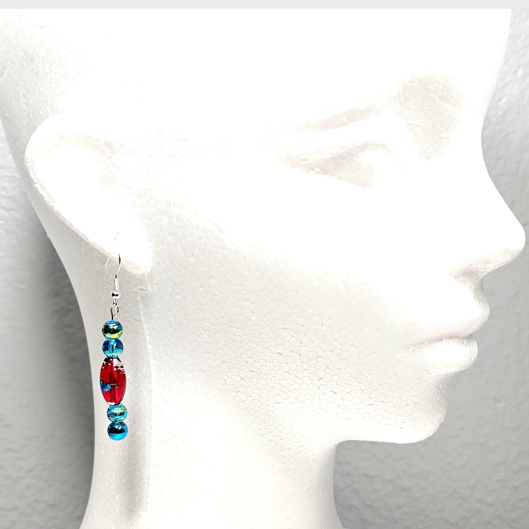 Multi-colored Blue Red Handpainted Murano Glass Drop Earrings with Silver Ear Wire