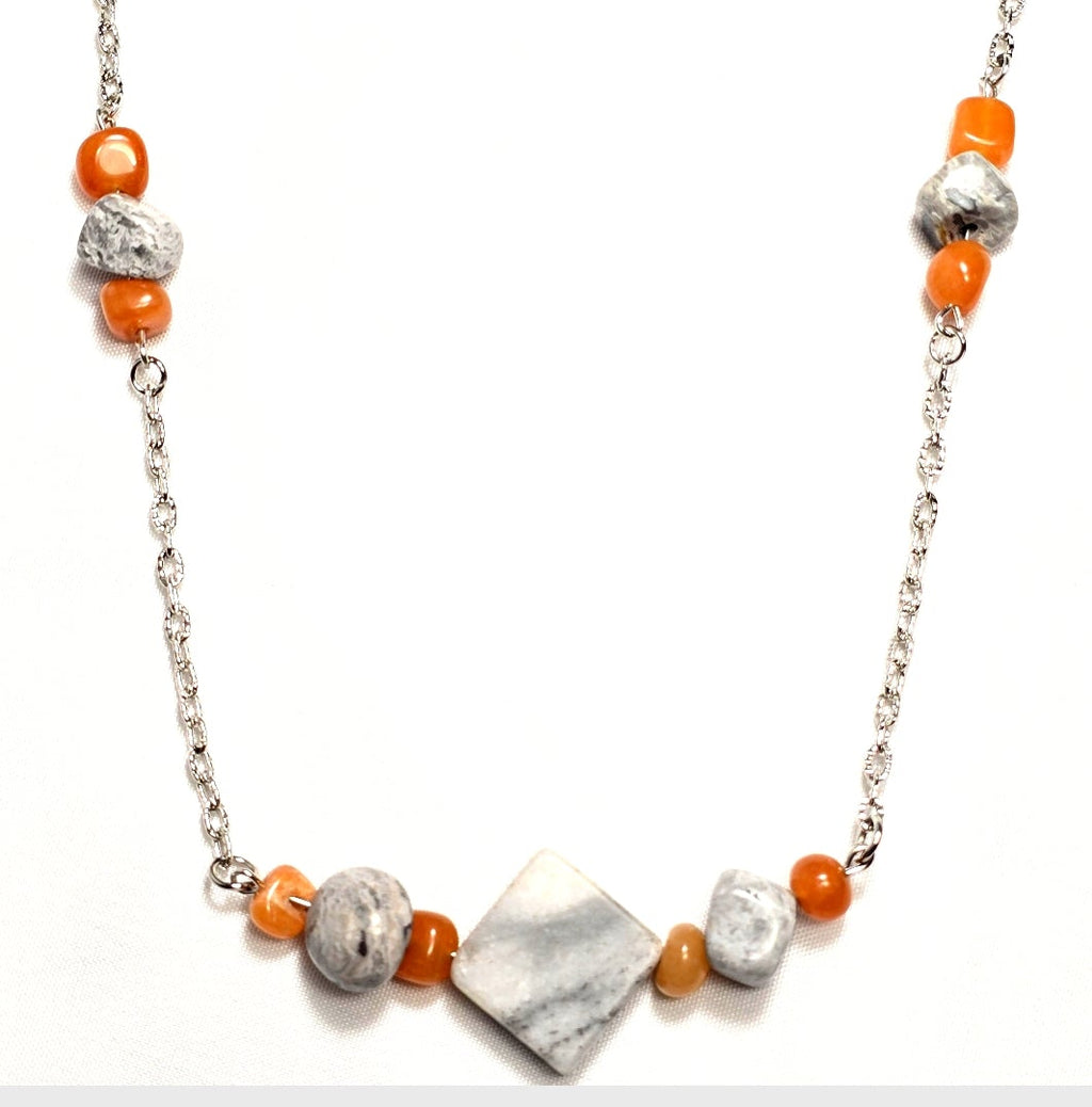 Handmade Gray Marble Pendant with Orange Carnelian stones on silver-tone chain. Y2K Bohenian Necklace Set. Neutral elegant versatile