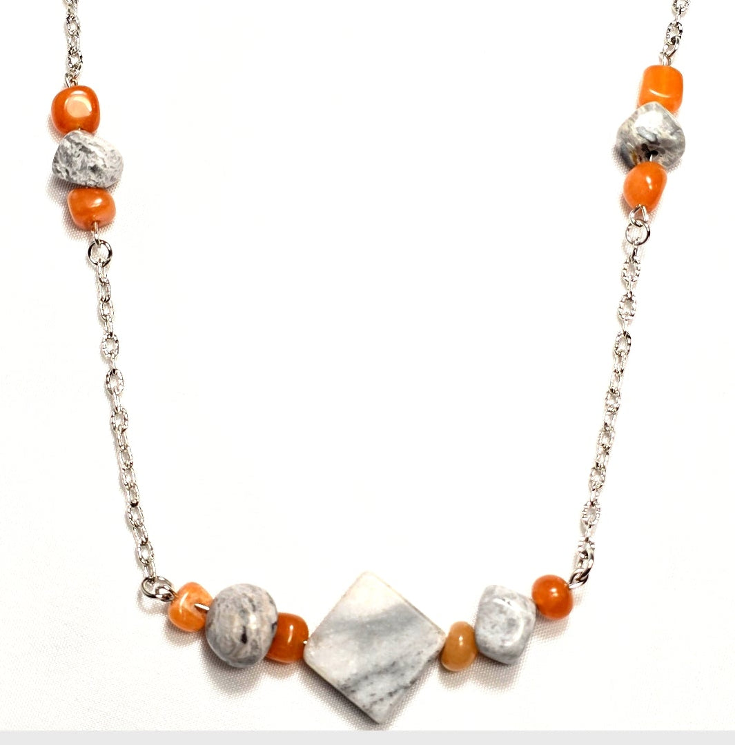 Handmade Gray Marble Pendant with Orange Carnelian stones on silver-tone chain. Y2K Bohenian Necklace Set. Neutral elegant versatile