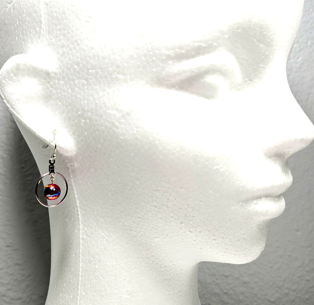Handpainted Pink Murano Glass Silver Round Drop Dangling Bohemian Artistic Earrings