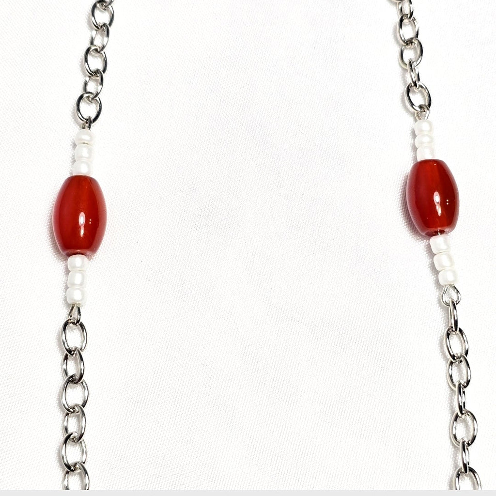 Handmade Natural Torquiose Pendant with Red Carnelian stone, white glass seed beads on silver tone chain. Y2K Bohenian Coastal Necklace Set