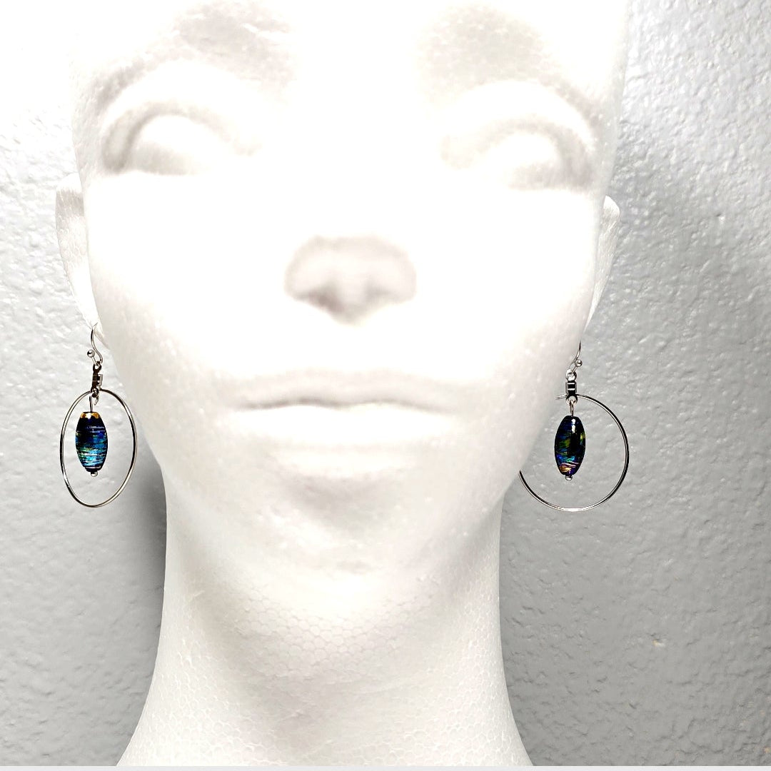 Handpainted Dichroic Blue Murano Glass Silver Hoop Drop Dangling Bohemian Artistic Earrings