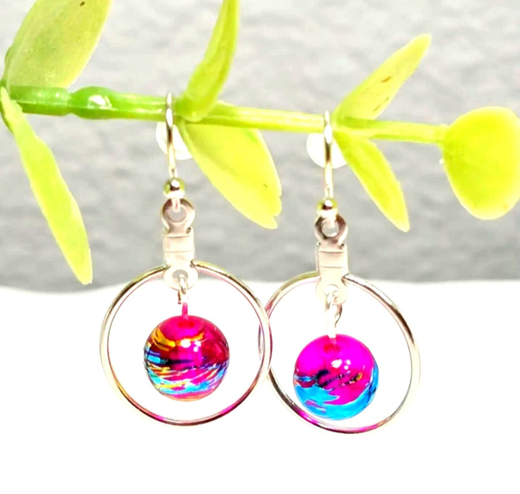 Handpainted Pink Murano Glass Silver Round Drop Dangling Bohemian Artistic Earrings