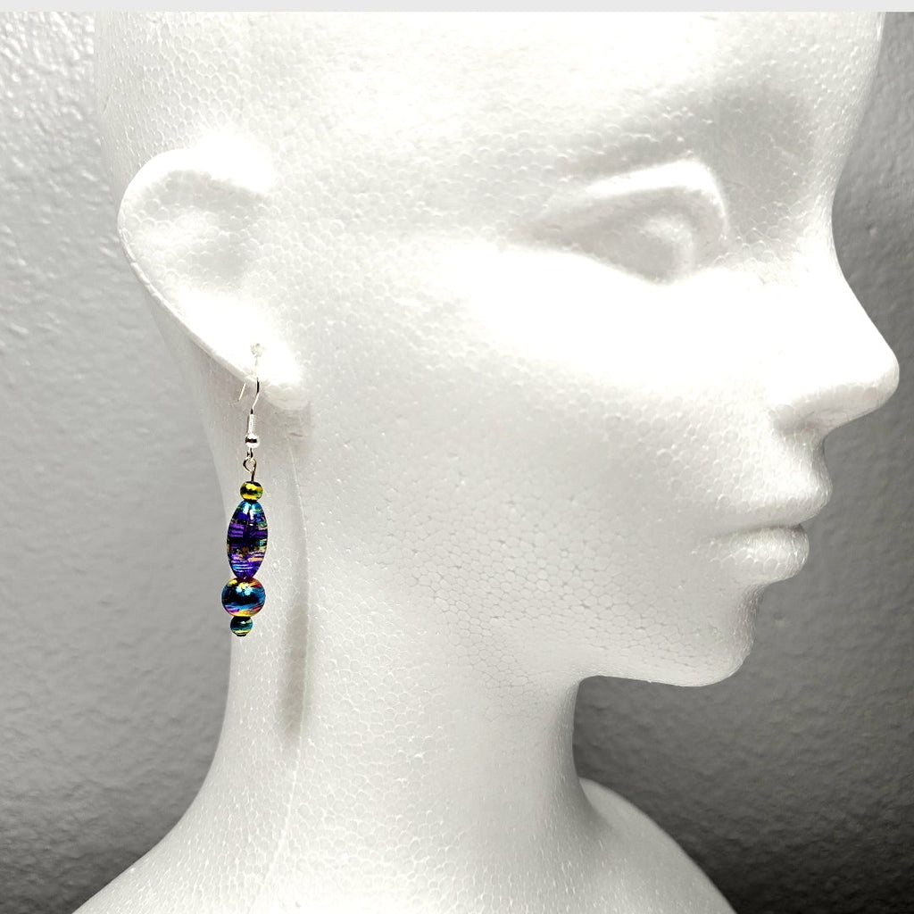 Multi-colored Purple Handpainted Murano Glass Drop Earrings with Gold Accents