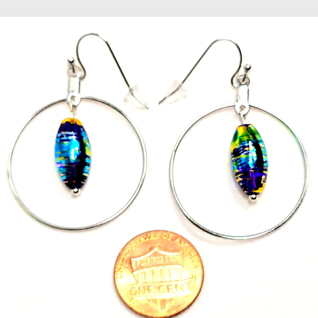 Handpainted Dichroic Blue Murano Glass Silver Hoop Drop Dangling Bohemian Artistic Earrings
