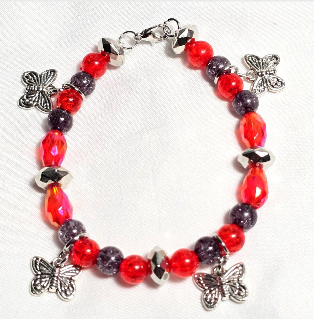 Gothic Butterfly Charmed bracelet: Handmade Red and Black Beaded Bracelet
