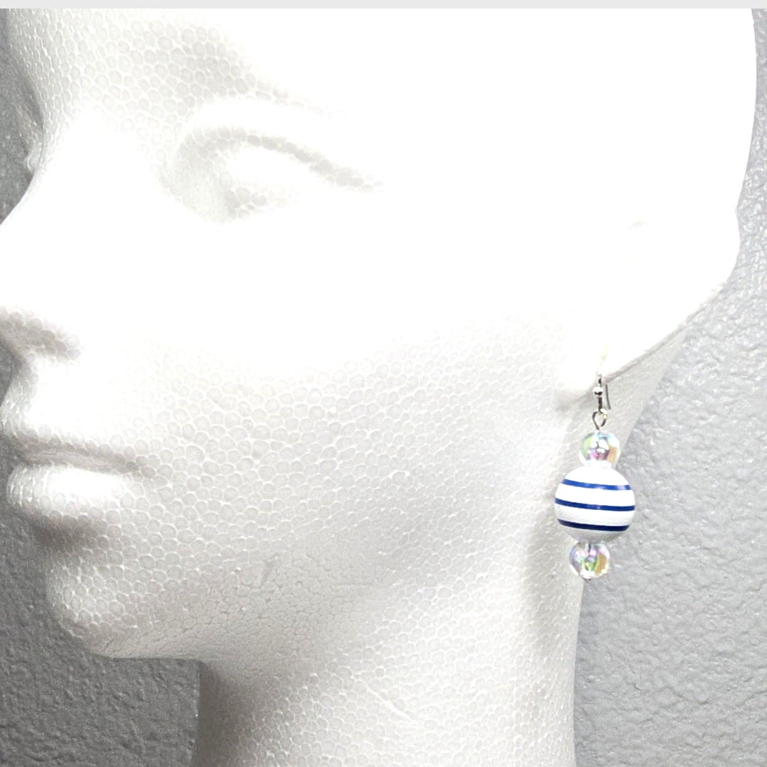 Handpainted Blue and White Stripe Wood Drop Dangling Bohemian Artistic Coastal Nautical Earrings