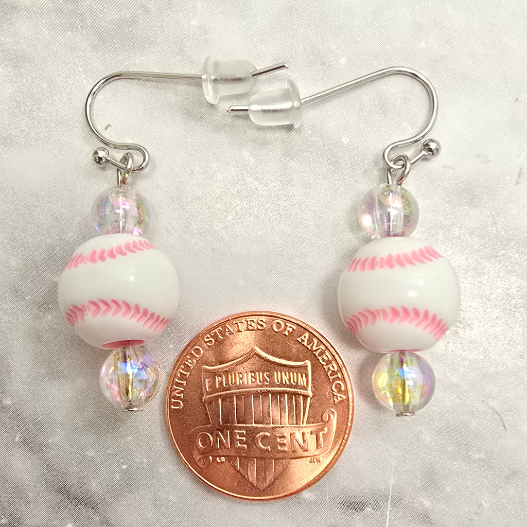 Pink Baseball Acrylic Beaded Sporty Fashion Dangling Drop Earrings. Baseball player, fan, cheerleaders , mom