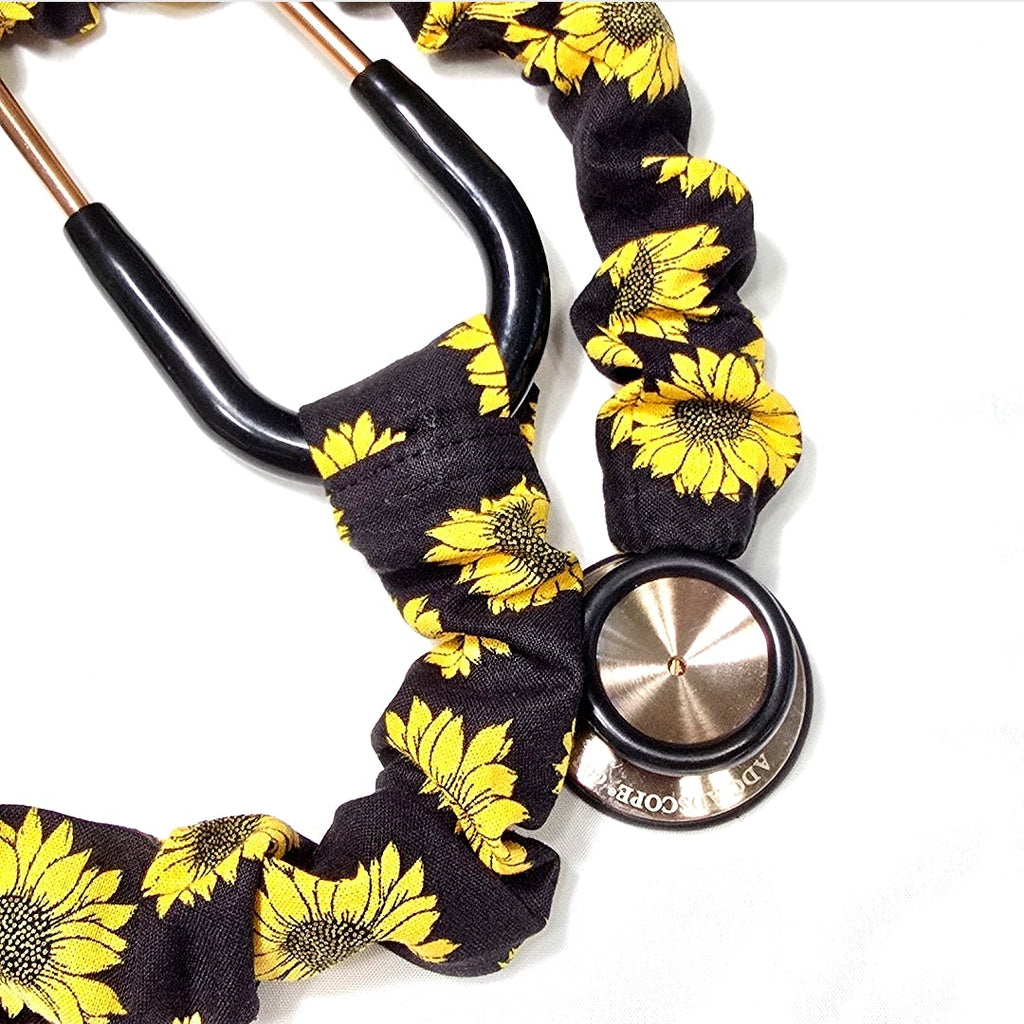 Sunflower Print Stethoscope Cover Scrunchie - Black & Yellow
