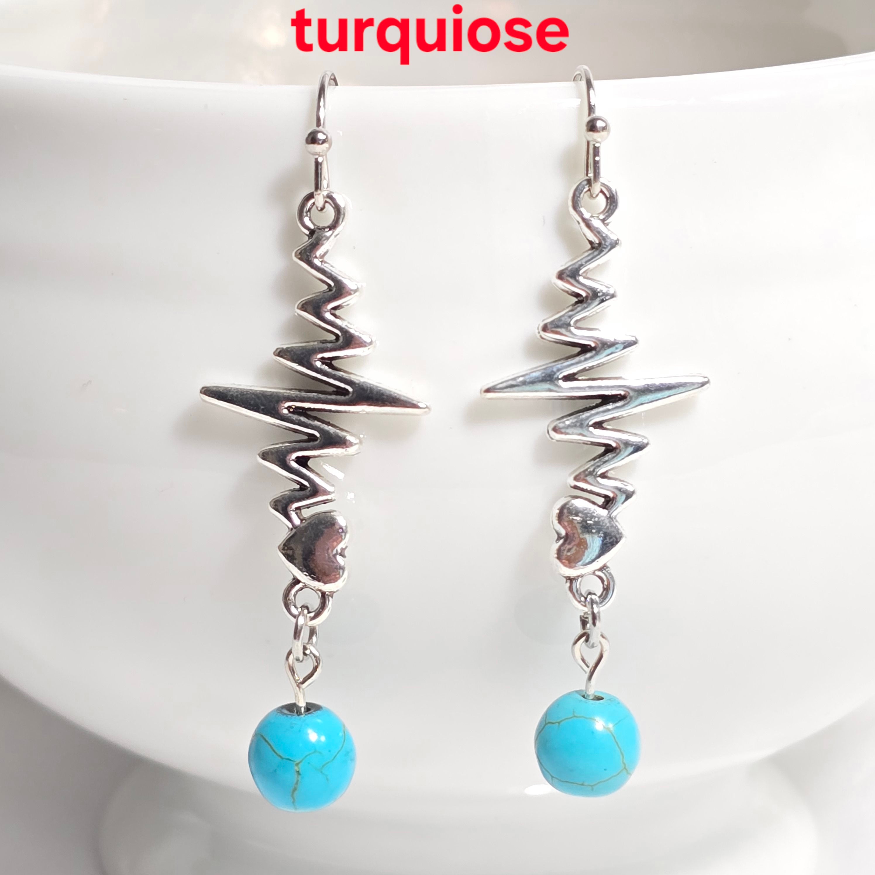 Nurse's Gift, Medical Professionals: Heartbeat EKG Pulse Dangling Earrings with Natural Stones.