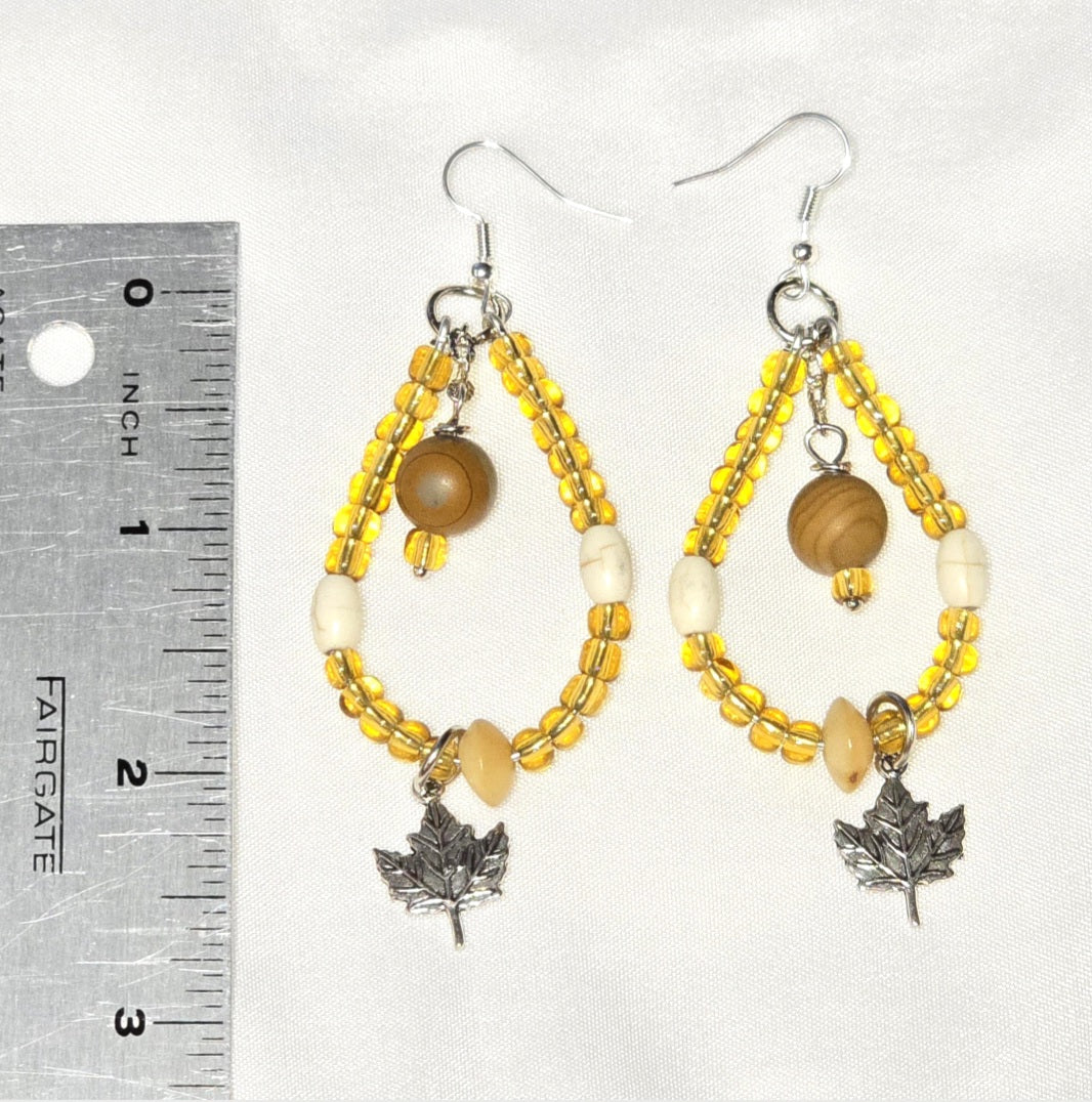 Handmade fall Nature Inspired Boho  Glass Amber Yellow  Beaded Teardrop Loop Dangle Earrings: Warm, Earthy Tone Color