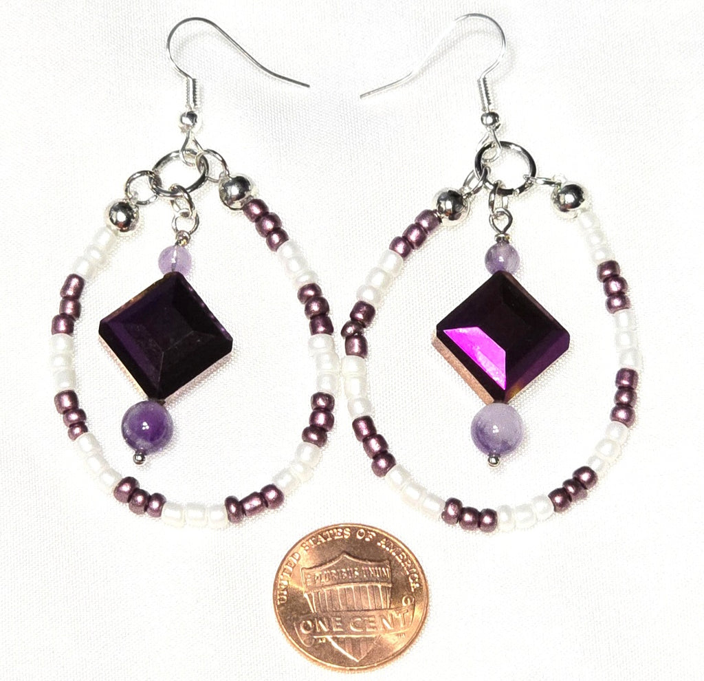 Handmade White and Purple Glass Beaded Teardrop Dangling Earrings : Artisan Unique Elegant Casual Boho-chic Eclectic, Amethyst