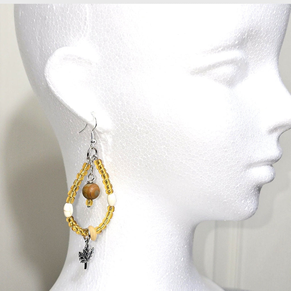 Handmade fall Nature Inspired Boho  Glass Amber Yellow  Beaded Teardrop Loop Dangle Earrings: Warm, Earthy Tone Color