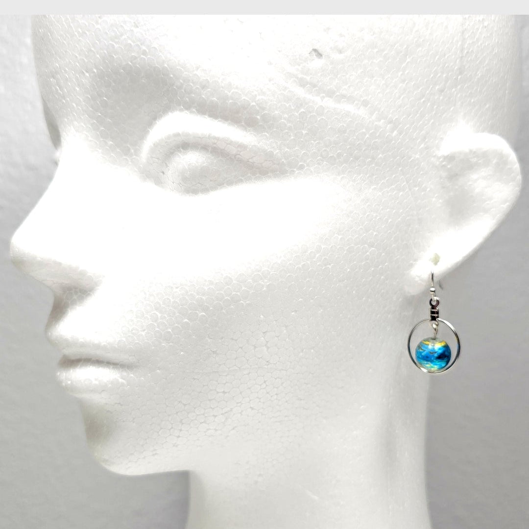 Handpainted Blue Murano Glass Silver Hoop Drop Dangling Bohemian Artistic Earrings