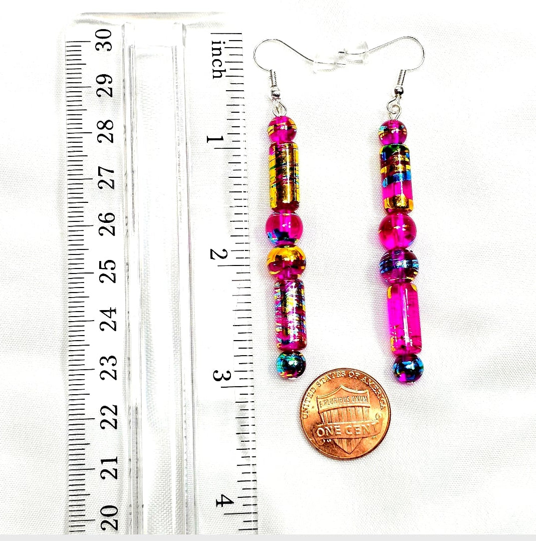 Handpainted Vibrant Pink Fuchsia Murano Glass Drop Dangling Bohenian Artistic Earrings. One of a kind.