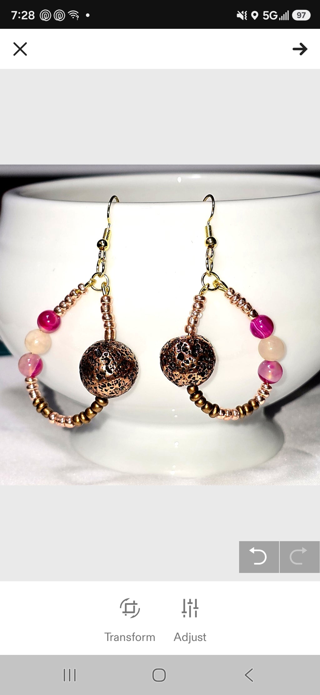Handmade Bohemian Earthy Glass Seed Beaded Loop Earrings with Pink Agate and Adventurine Stones
