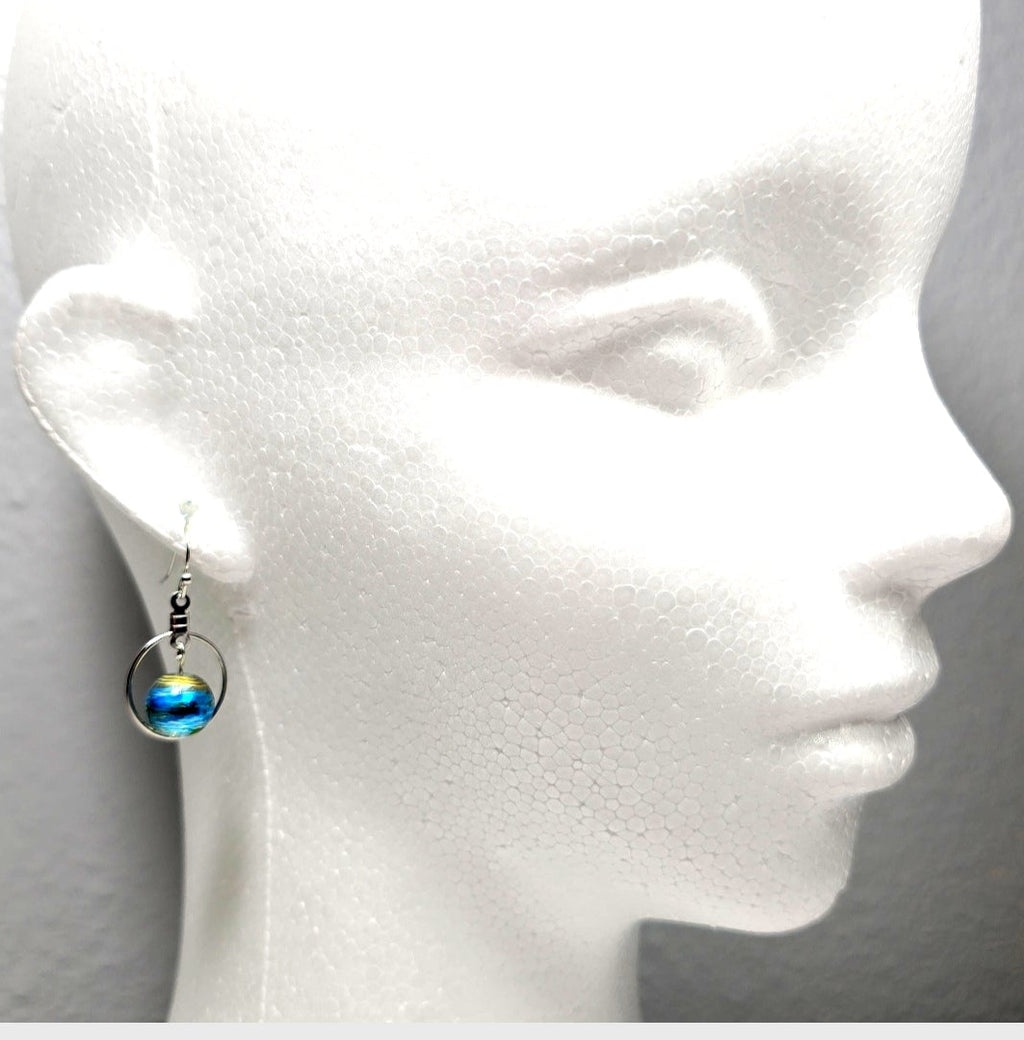 Handpainted Blue Murano Glass Silver Hoop Drop Dangling Bohemian Artistic Earrings