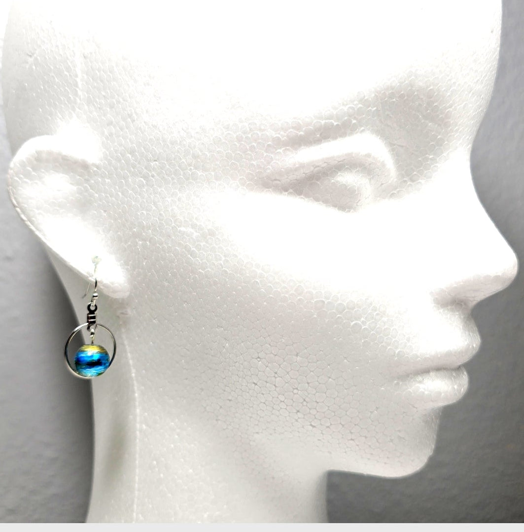Handpainted Blue Murano Glass Silver Hoop Drop Dangling Bohemian Artistic Earrings