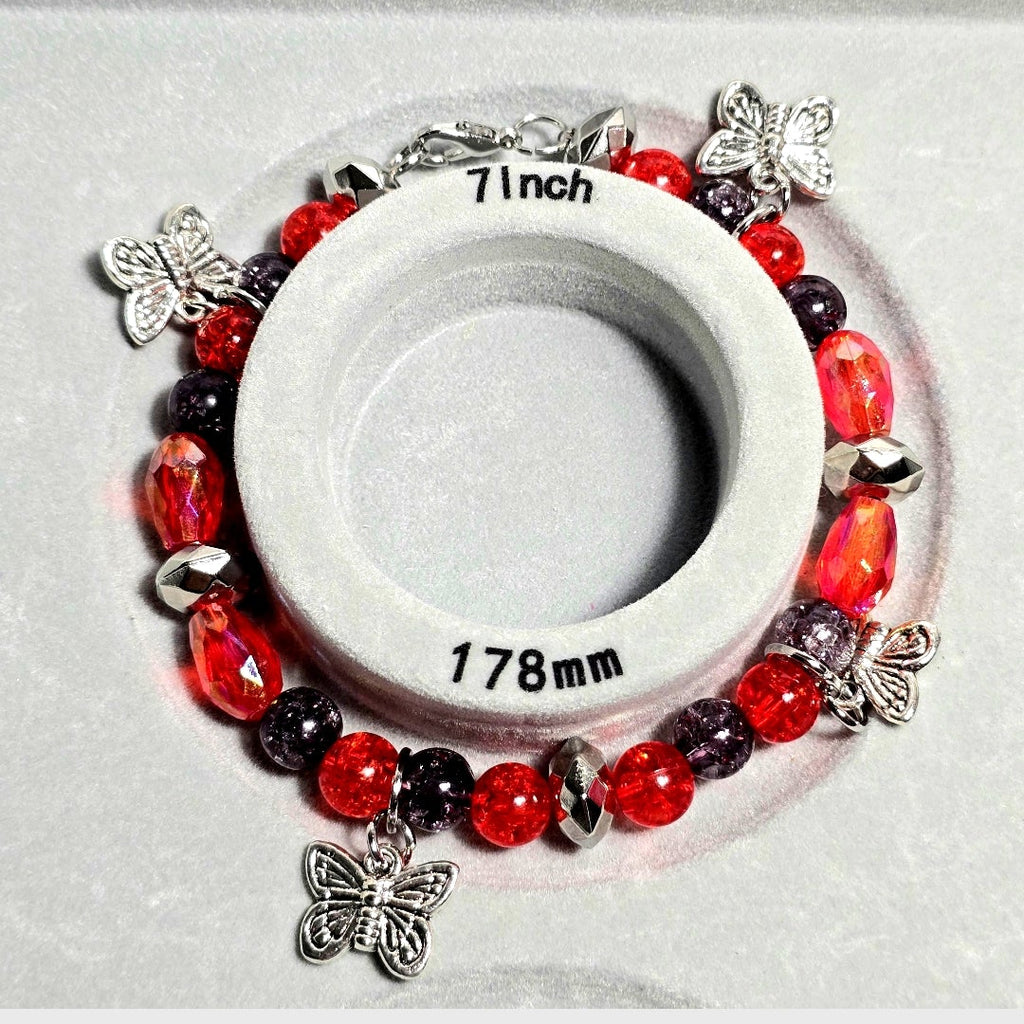Gothic Butterfly Charmed bracelet: Handmade Red and Black Beaded Bracelet